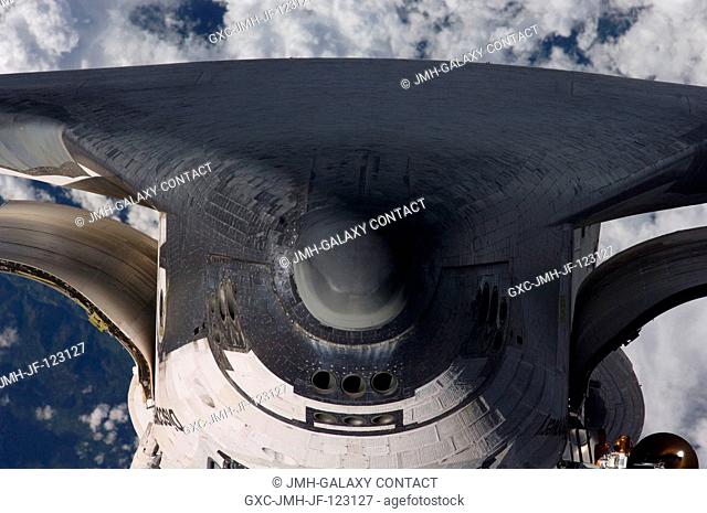 A close-up view of the exterior of Space Shuttle Discovery's nose and underside was provided by Expedition 18 crewmembers on the International Space Station