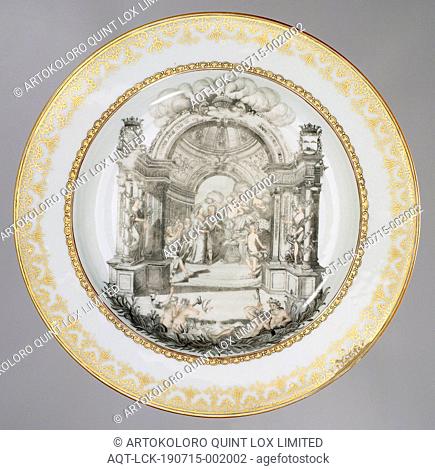 Plate with an allegorical image and the coat of arms of the Geelvinck and Graafland families, Porcelain plate, painted on the glaze in black and gold