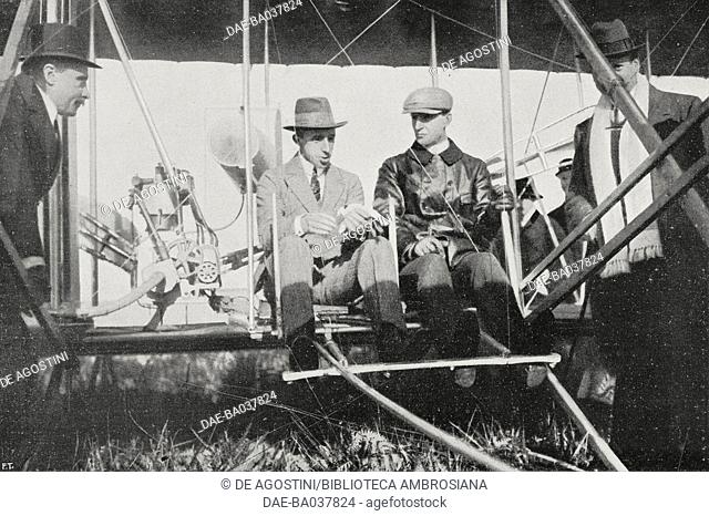 King Alfonso XIII of Spain (1886-1941) on Wilbur Wright's aeroplane in Pau, France, from L'Illustrazione Italiana, Year XXXVI, No 9, February 28, 1909