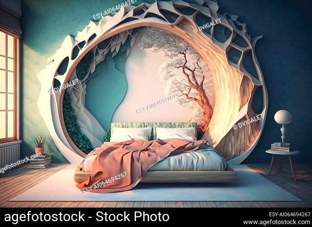 Fantasy bedroom with a wooden bed and a tree