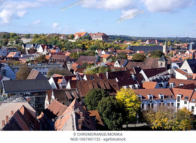View from the tower of the Aegidienkirche Church of St Aegidius across Erfurt, in the background the Citadel on Petersberg, Erfurt, Thuringia, Germany, Europe