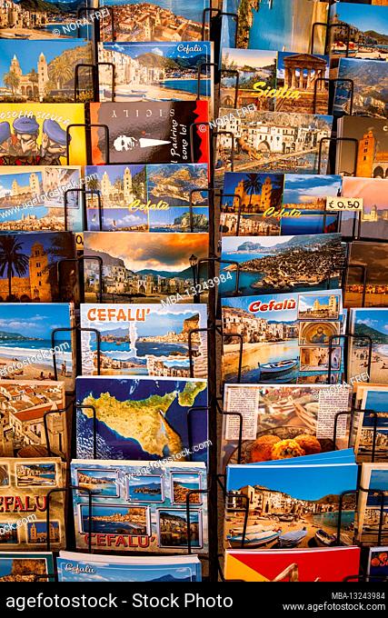 Souvenir, postcard, display, Cefalu, Sicily, Italy
