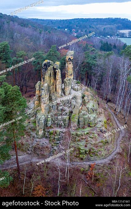Germany, Saxony-Anhalt, Halberstadt, five-finger cliffs in the Klusberge, mountain range in the Vorharz with sandstone caves