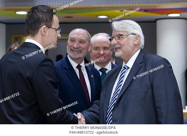 March 6, 2017 - Brussels, Belgium: Hungarian Minister of Foreign Affairs & External Economy Peter Szijjarto (L) is talking with the Polish Minister of National...
