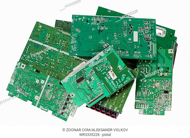 Old electronic mass production printed-circuit boards are prepared for utilization. Only position designations of elements. Isolated with patch