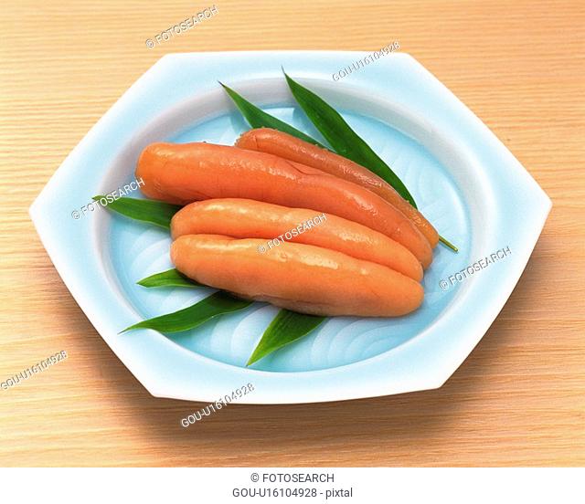 Cod roe on plate, high angle view