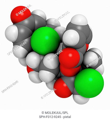 Mometasone furoate steroid drug molecule. Prodrug of mometasone. Atoms are represented as spheres and are colour coded: hydrogen (white), carbon (grey)