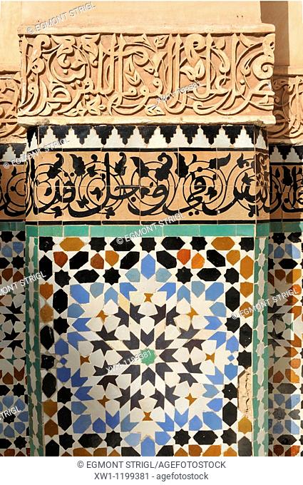 Zellige, Zillij, Zellij, terra cotta tilework, wall decoration in the Medersa Ben Youssef, Marrakesh Medina, Unesco World Heritage Site, Morocco, North Africa