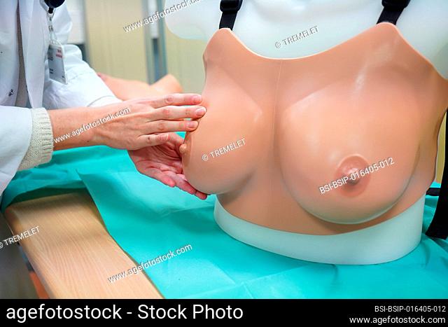 Professor Gynecologist and his students during a course in gynecology at the medical university of Nimes. Demonstration of the gestures of breast palpation on...