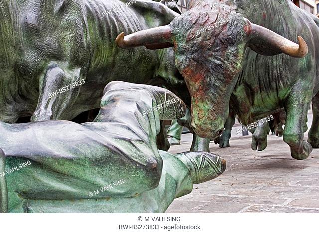 Running of the Bulls skulpture during Sanfermines, Spain, Basque country, Navarra, Pamplona