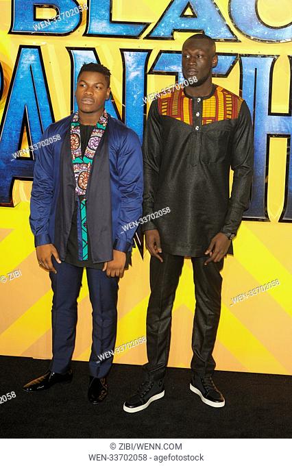 Arrivals at the European Premiere of 'Black Panther' at the Eventim Apollo in Hammersmith, London. Featuring: John Boyega, Stormzy Where: London