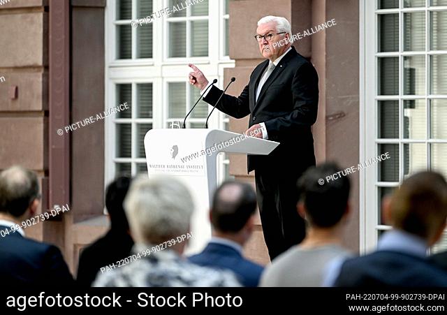04 July 2022, Berlin: Federal President Frank-Walter Steinmeier delivers the laudatory speech at the presentation of the Walther Rathenau Award 2022 to...