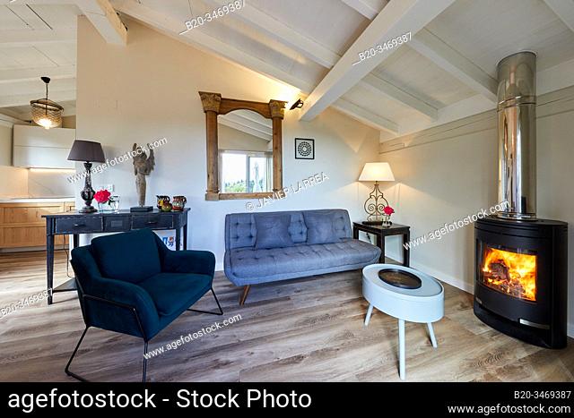 Living room, Apartment in rural house, Deba, Gipuzkoa, Basque Country, Spain, Europe