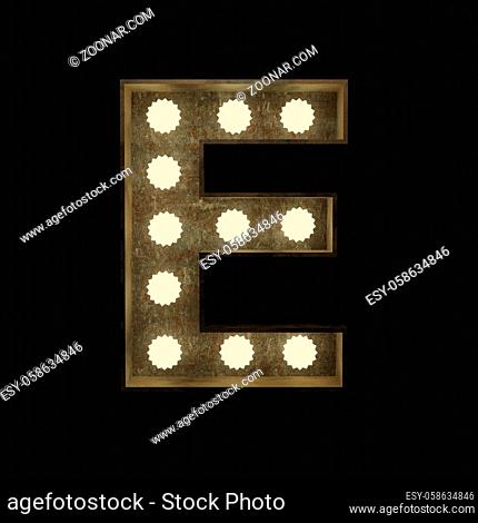 Metal letter E with small lamps on a dark background, 3d rendering