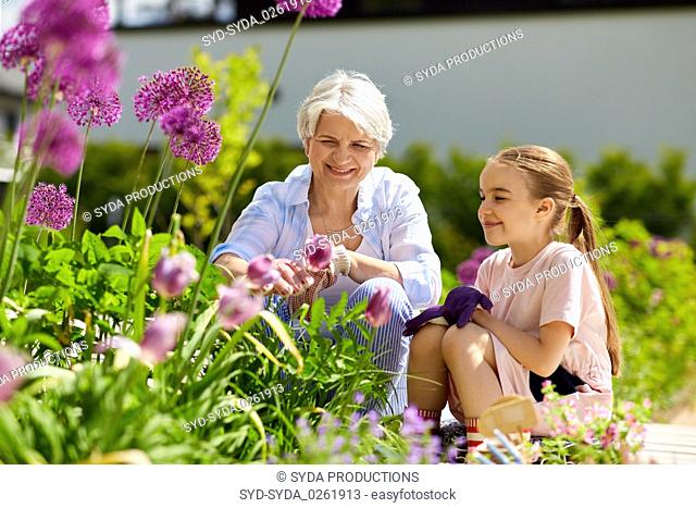 grandmother and girl with flowers at summer garden