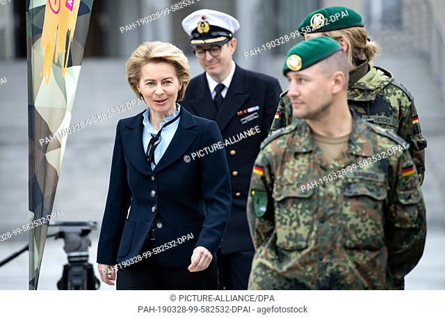 28 March 2019, Berlin: Ursula von der Leyen (CDU), Minister of Defence, comes to the Federal Ministry of Defence for a photo session on the occasion of Girls'...