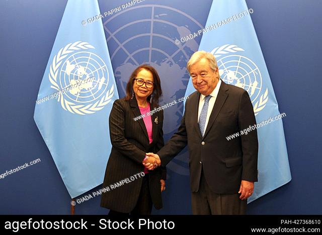 United Nations, New York, USA, September 25, 2023 - Secretary-General Antonio Guterres meets with Yvette Sylla, Minister for Foreign Affairs of the Republic of...