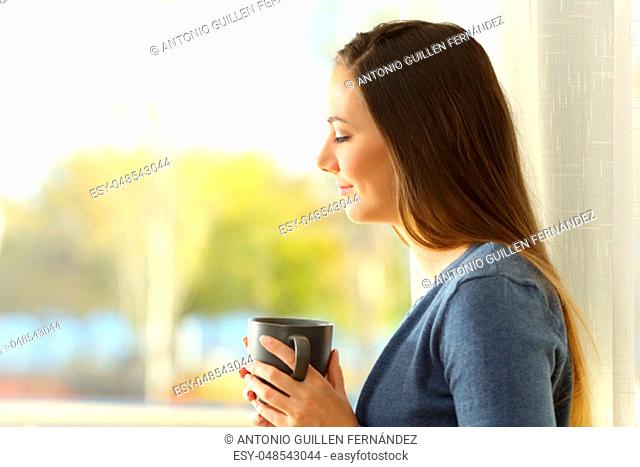 Side view portrait of a pensive lady holding a coffee mug beside a window