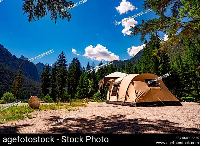 Camping on the shores of lake. Lake Dobbiaco in the Dolomites, Beautiful Nature Italy natural landscape Alps