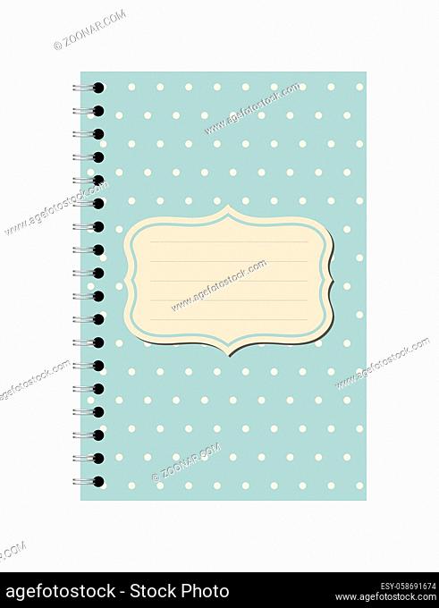 Vector illustration of teal blue dotted pattern spiral paper notebook with copy space sign