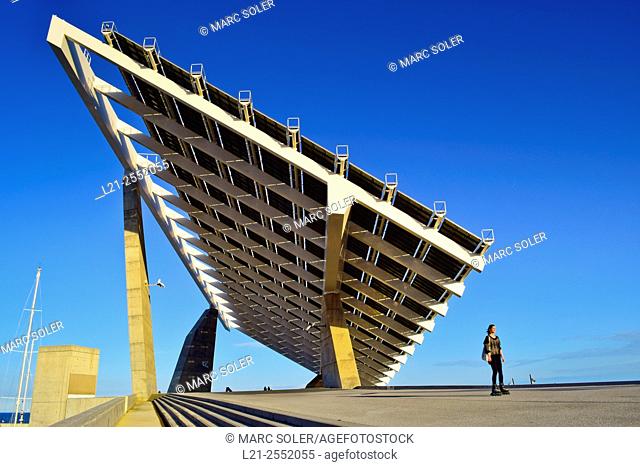 Photovoltaic pergola, Giant solar panel. Forum Park , Diagonal Mar, Barcelona, Catalonia, Spain