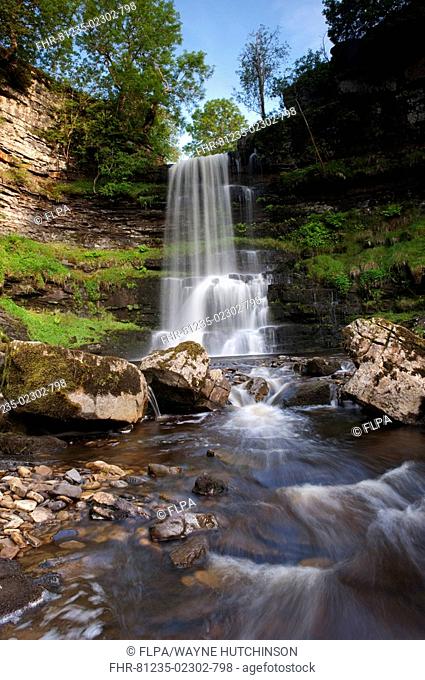 Waterfall, cascade and fast-flowing river, Upper Uldale Falls, River Rawthey, Baugh Fell, Howgill Fells, Cumbria, England