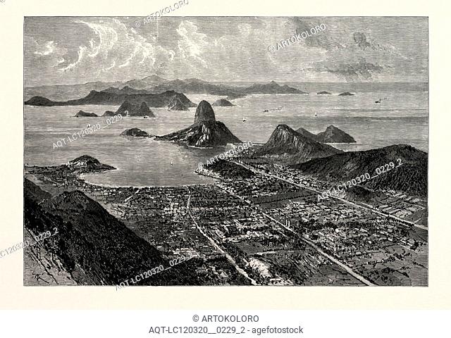 RIO DE JANEIRO, VIEW FROM THE SUMMIT OF CORCOVADO, SHOWING THE SUBURB OF BOTAFOGO, ENTRANCE OF THE HARBOUR, AND THE SUGAR LOAF MOUNTAIN VIEWS IN RIO DE JANEIRO