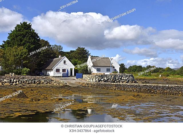 Cottages at low tide on Annaghvaan Island, west coast, County of Galway, Connemara, Republic of Ireland, North-western Europe