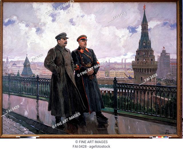 Josef Stalin and Kliment Vorosholov in the Kremlin after the rain. Gerasimov, Alexander Mikhailovich (1881-1963). Oil on canvas
