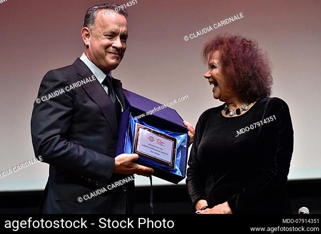 American actor Tom Hanks receives the Lifetime Achievement Award from Claudia Cardinale during the 2016 Rome Film Fest in the Auditorium Parco Della Musica
