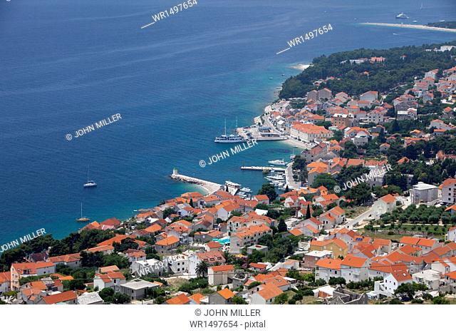 High view of Bol and harbour, Brac Island, Dalmatian Coast, Croatia, Europe