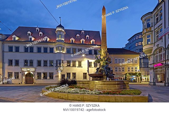 Anger fountain and House Dacheroeden in Erfurt, Thuringia, Germany