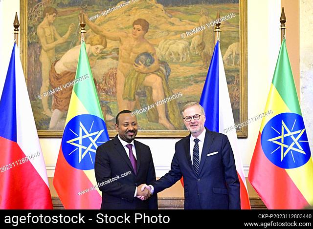 Prime Minister Petr Fiala (ODS), right, receives Prime Minister of Ethiopia Abiy Ahmed in Czech Government Office, Prague, Czech Republic, on November 28, 2023