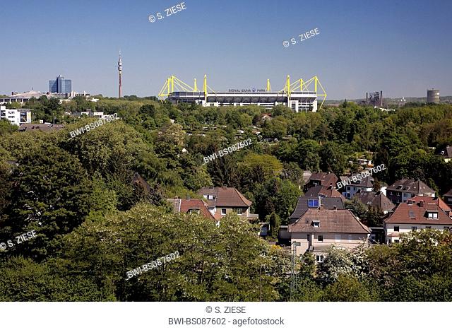 view on the city with the Westfalenhalle, the television tower Florian, the Signal-Iduna-Stadion and the Hoesch-Gasometer, Germany, North Rhine-Westphalia