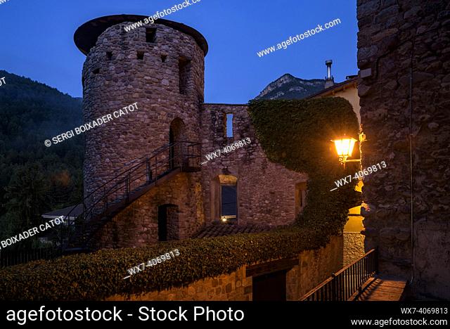 Portella medieval tower in Baga  at blue hour and at night (Berguedá , Barcelona, Catalonia, Spain)