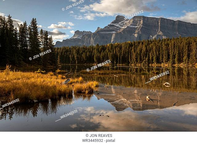 Mount Rundle reflected in Johnson Lake, Banff National Park, UNESCO World Heritage Site, Alberta, Rocky Mountains, Canada, North America