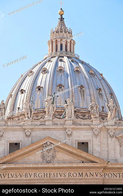 The dome of Saint Peter's Basilica, a masterpiece of italian renaissance architecture, situated in the center of Rome, . Seat of the Pope and principal landmark...