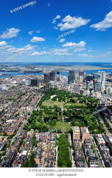 Beacon Hill and Boston Common, view to harbor, aerial view, Massachusetts, USA