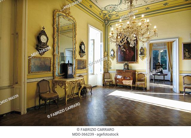 Museo Giannetino Luxoro, by Unknown Artist, 1903, 20th Century, . Italy, Liguria, Genoa, Nervi, Villa Luxoro. Detail. Interior view Villa Luxoro museum parquet...
