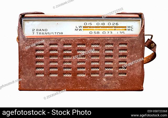 Isolated Vintage Retro Old Fashioned Transistor Radio In A Brown Leather Case