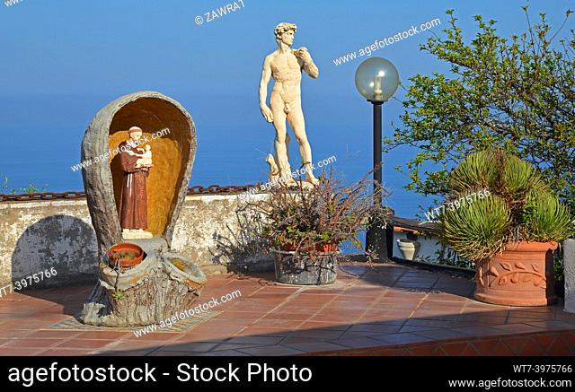 Processed by: Helicon Filter; House tarrace, sculptures, St. Francis, David, landscape, sea