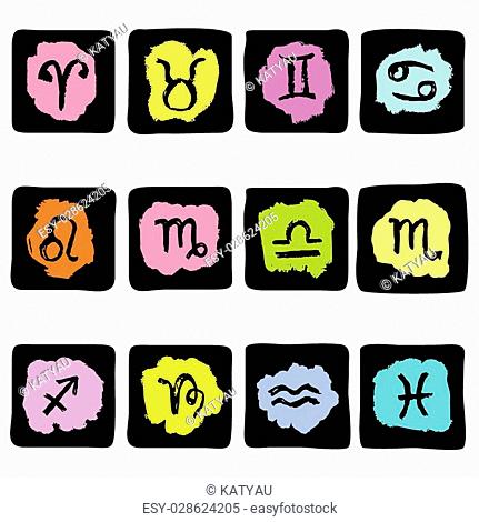 Horoscope Zodiac Star signs. Doodle Vector. Illustrations of twelve