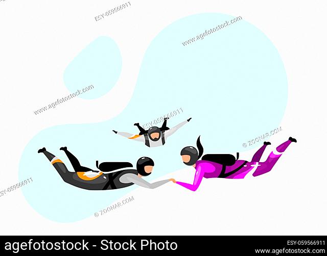 Accelerated free-fall flat vector illustration. Skydiving tandem. Extreme sports. Active lifestyle. Outdoor activities. Sportsman, sportswoman
