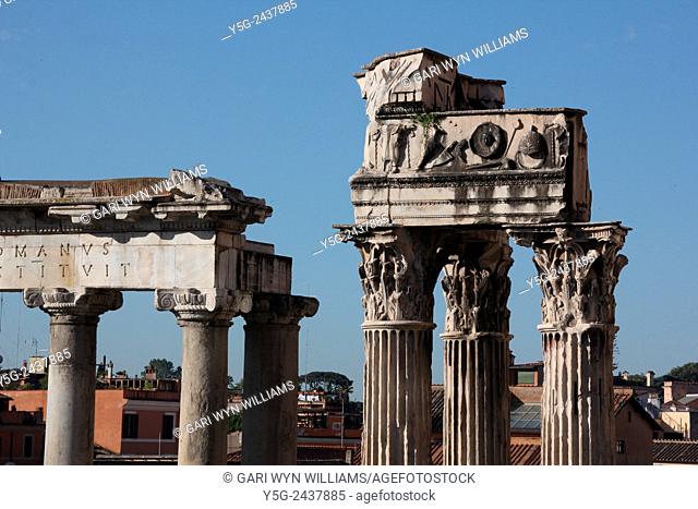 Temple of saturn and Temple of Vespasian and Titus in the Roman forum in Rome, Italy