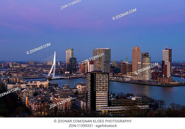 Rotterdam, The Netherlands - March 24, 2017: Panorama of Rotterdam taken from the Euromast in the Netherlands with Erasmus bridge, offices, skyscrapers
