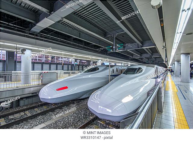 High speed trains in station, Tokyo, Japan
