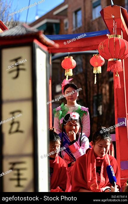 January, 22, 2023, Madrid, Spain, celebration in Madrid of the Chinese New Year, with a parade through the streets of the Usera neighborhood, south of Madrid