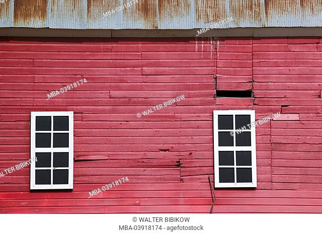 Red barn, outside-facade, windows, close-up