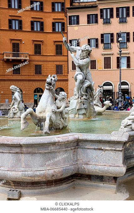 The Fountain of Neptune with the ancient statues located at the north end of Piazza Navona Rome Lazio Italy Europe