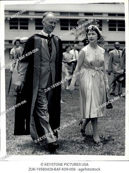 Apr. 28, 1958 - Princess Margaret's West Indies Tour visit to Arima-Trinidad. Photo shows Princess Margaret escorted by Dr